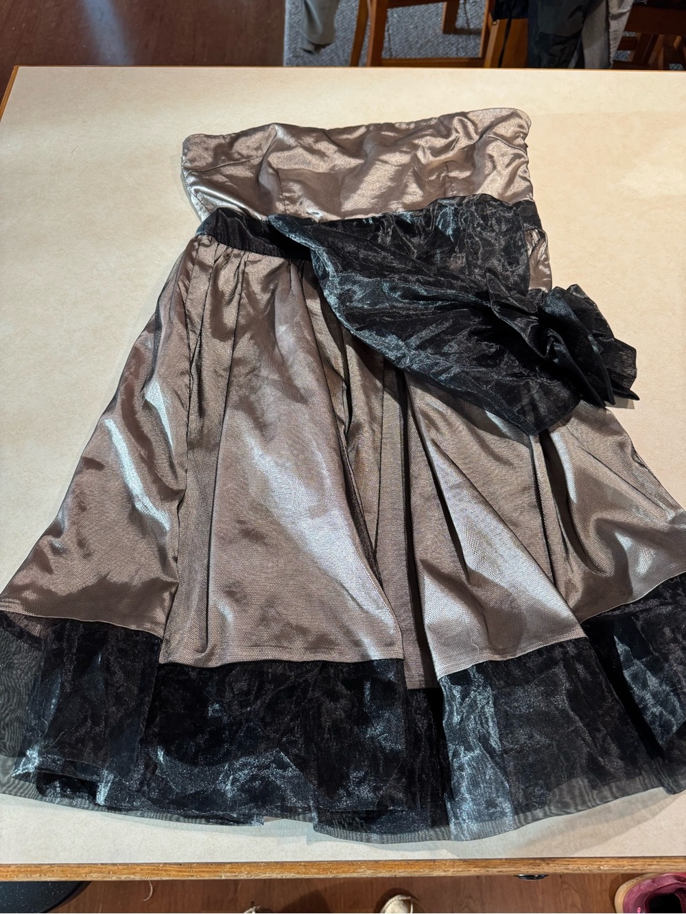 Ryu Strapless Shimmering Taupe Dress with Black Tulle